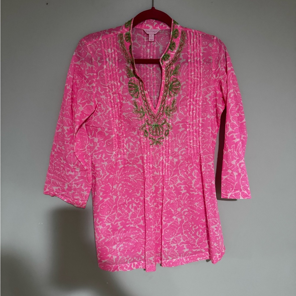 Lilly Pulitzer Pink Smocked Tunic with 3/4 Sleeves and Mandarin Collar